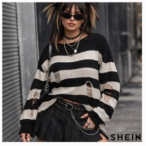 SHEIN Distressed Black White Striped Knit Sweater XL Grunge Y2k Emo Oversized
